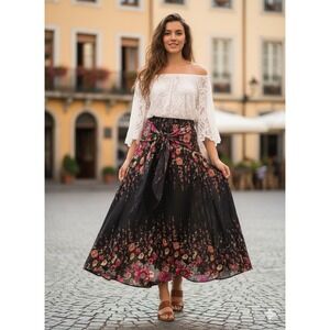 Bangkok Pants One Size Black Floral Print Wide‎ Leg Bohemian Maxi Skirt Pants